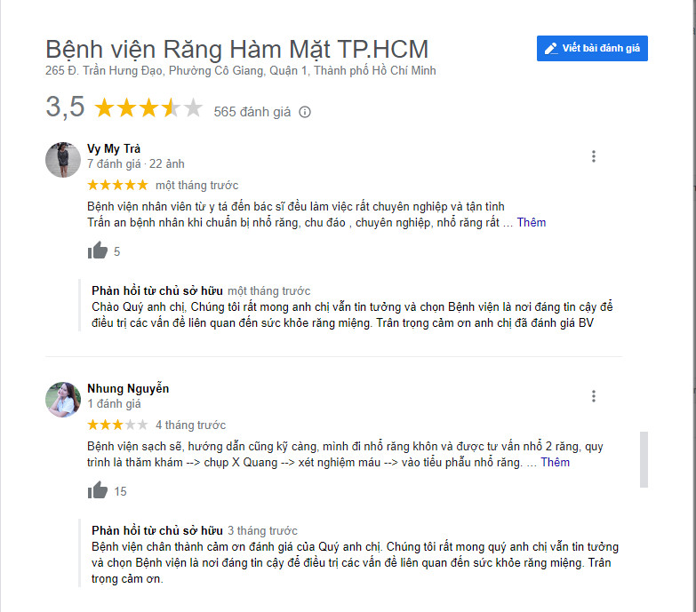 Review khách hàng đã làm răng tại Bệnh viện Răng Hàm Mặt TPHCM (Ảnh từ google) trồng răng implant ở đâu tốt
