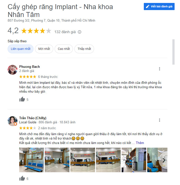 Review khách hàng đã làm răng tại Nha khoa Nhân Tâm (Ảnh từ google) cấy ghép răng implant ở đâu tốt