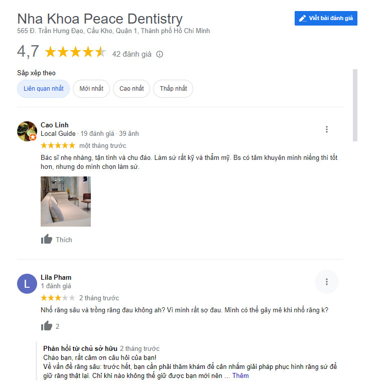 Review khách hàng đã làm răng tại Nha khoa Peace Dentistry (Ảnh từ google) trong rang implant o dau tot nhat