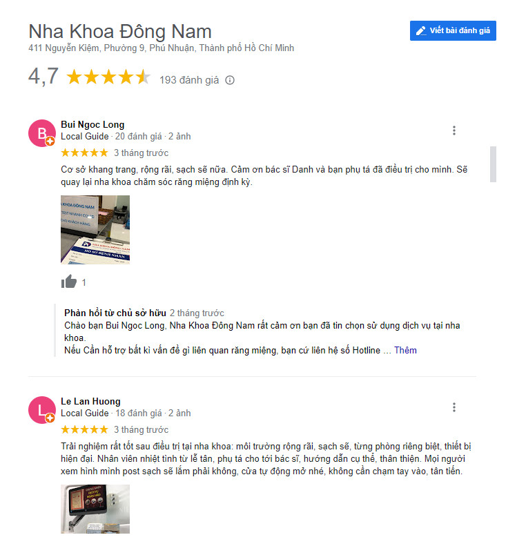 Review khách hàng đã làm răng tại Nha khoa Đông Nam (Ảnh từ google) trồng răng implant giá rẻ tại tphcm