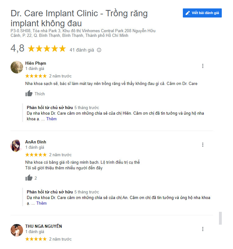 Review khách hàng đã làm răng tại Nha khoa Dr care (Ảnh từ google) trồng răng implant ở đâu tốt hcm