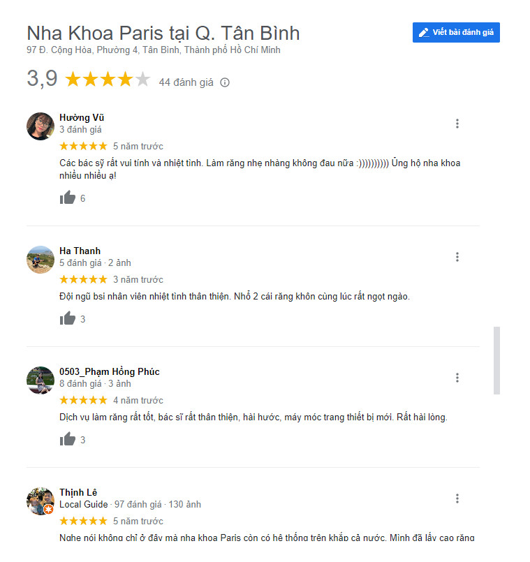 Review khách hàng đã bọc răng sứ tại Nha khoa Paris(Ảnh chụp từ Google) địa chỉ bọc răng sứ uy tín